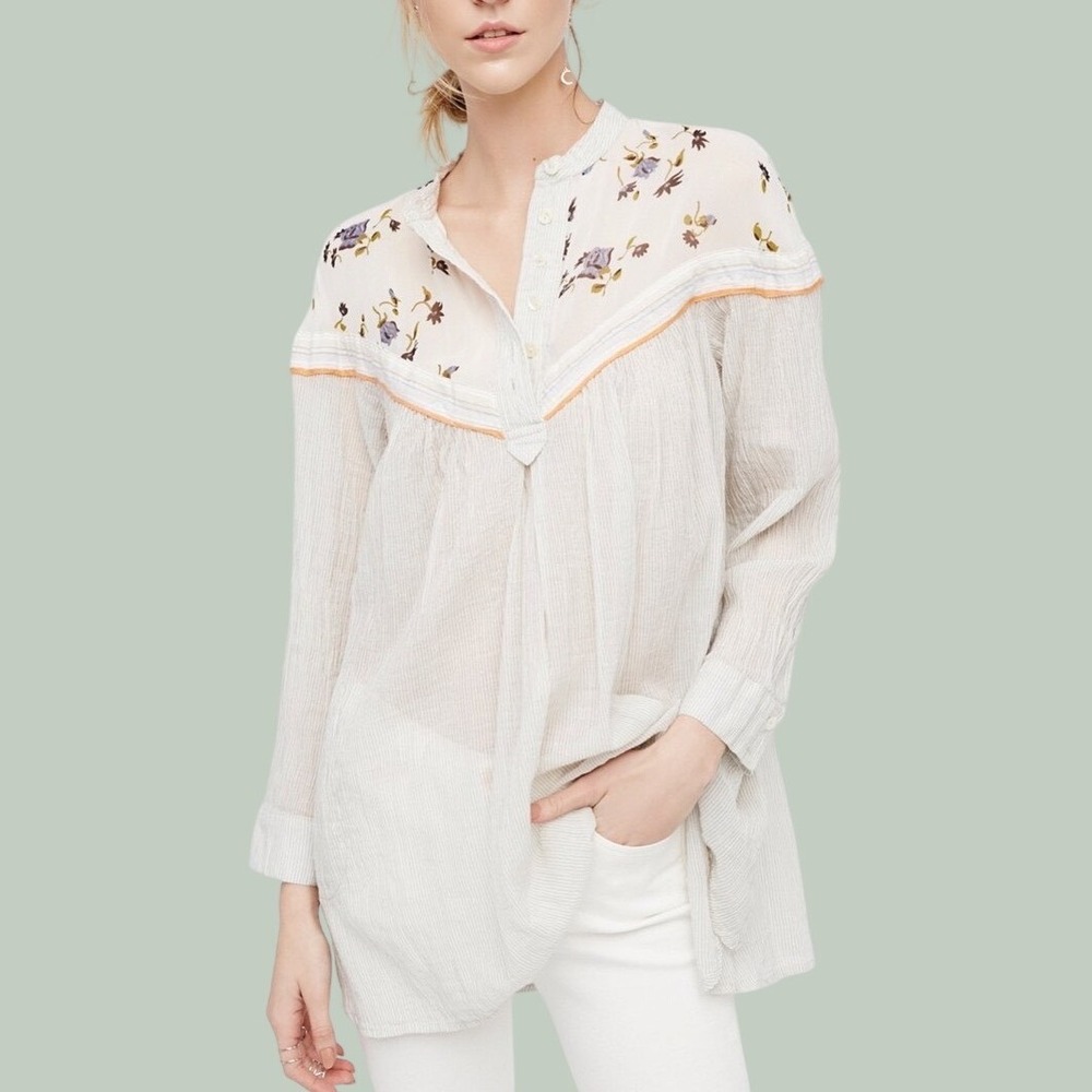 Free People boho Tunic Top XS Striped Floral Mixed Media coastal cottage